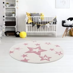 Kinderteppich STARLIGHT In Creme/rosa Rund -Günstiges Wohn Textil Geschäft livone kinderteppich starlight in creme rosa rund 2