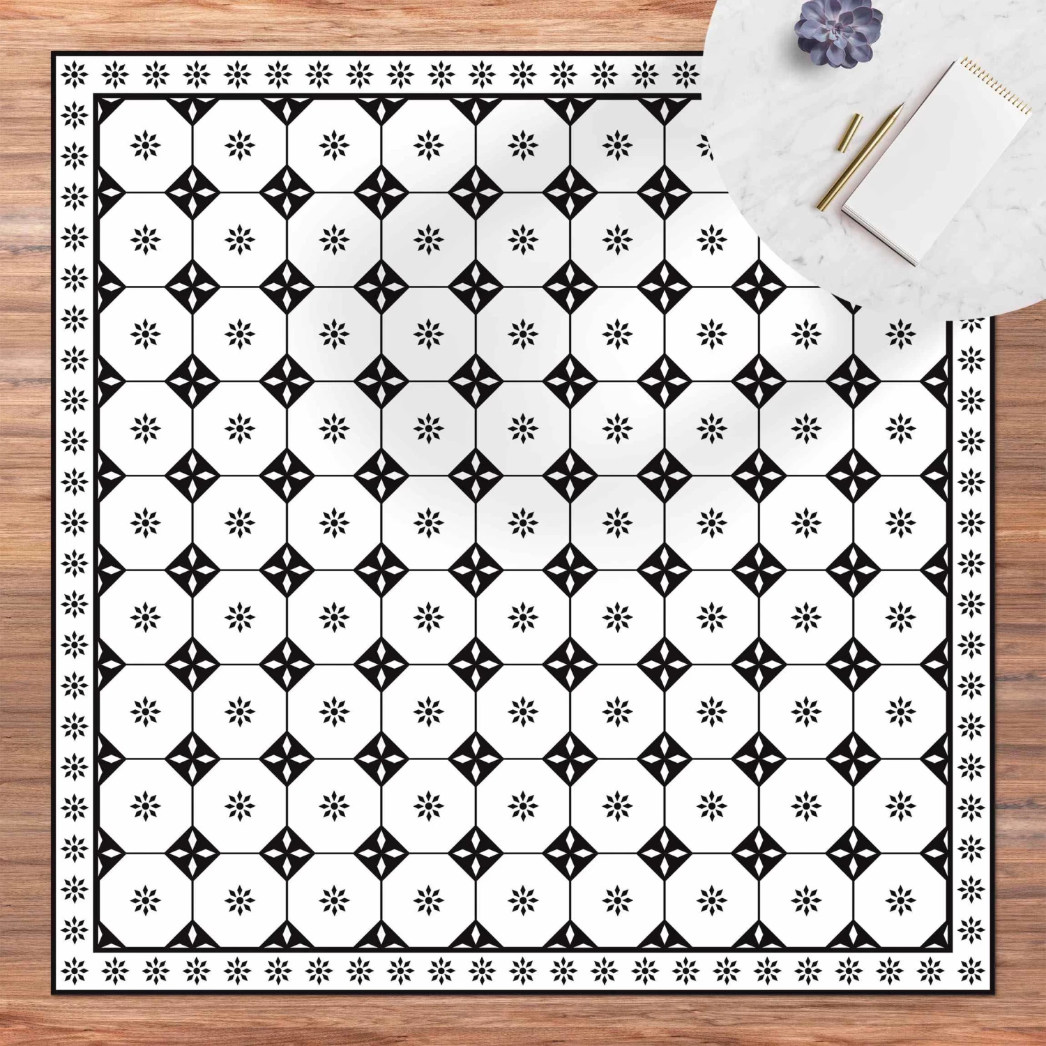 Vinyl-Teppich - Geometrische Fliesen Landhaus Mit Bordüre In Schwarz-Weiß 3 Vinyl-Teppich - Geometrische Fliesen Landhaus Mit Bordüre In Schwarz-Weiß – Bild 3